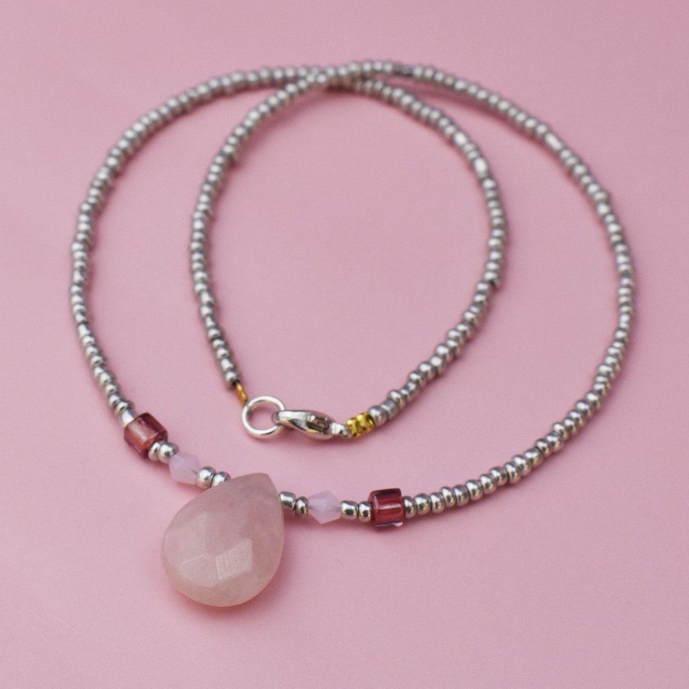 Rose quartz drop necklace, dainty fancy light pink seed bead choker handmade